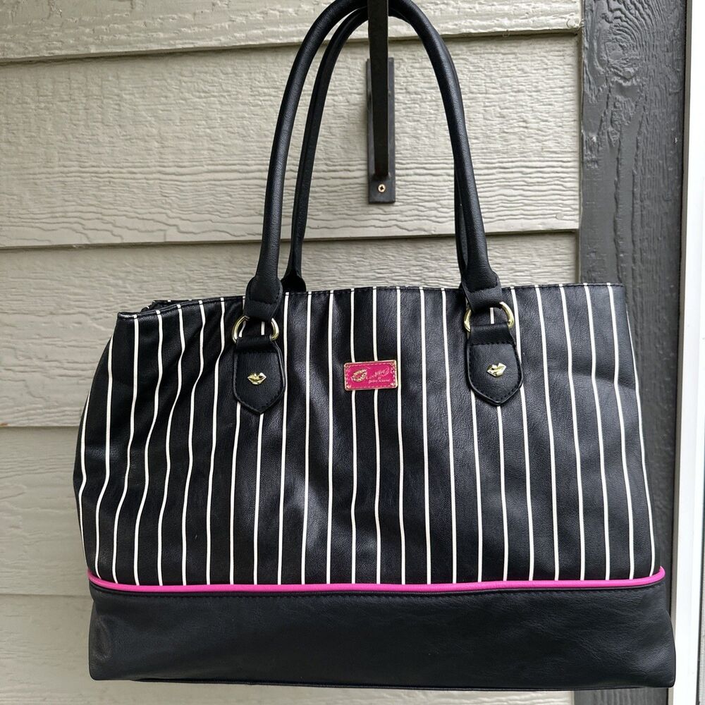 Betsey Johnson Luv Betsey Black Barbie Pink Striped Y2K Handbag Tote Purse Bag